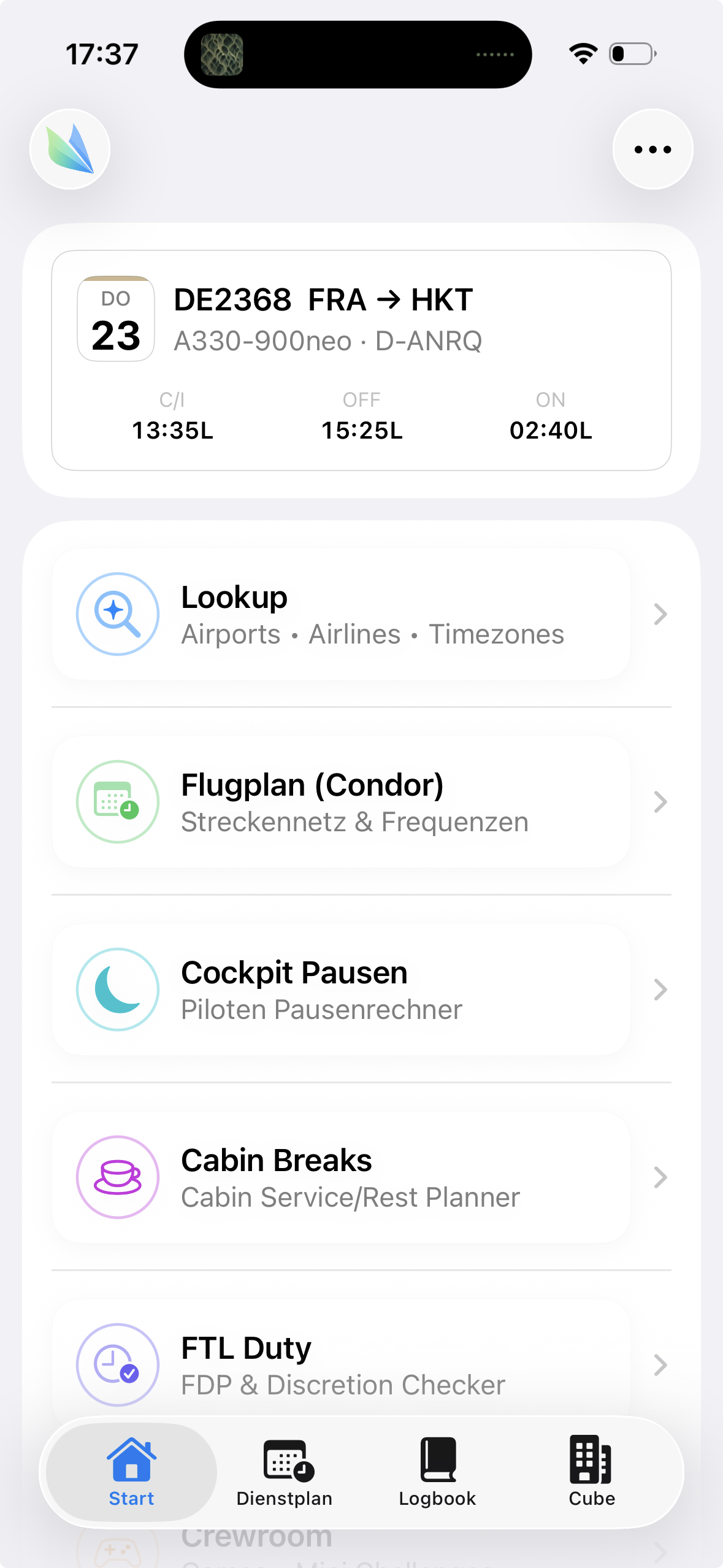 myCrewTool App — Startseite mit nächstem Flug DE2368 FRA nach HKT, Feature-Übersicht mit Lookup, Flugplan, Cockpit Pausen und FTL Duty