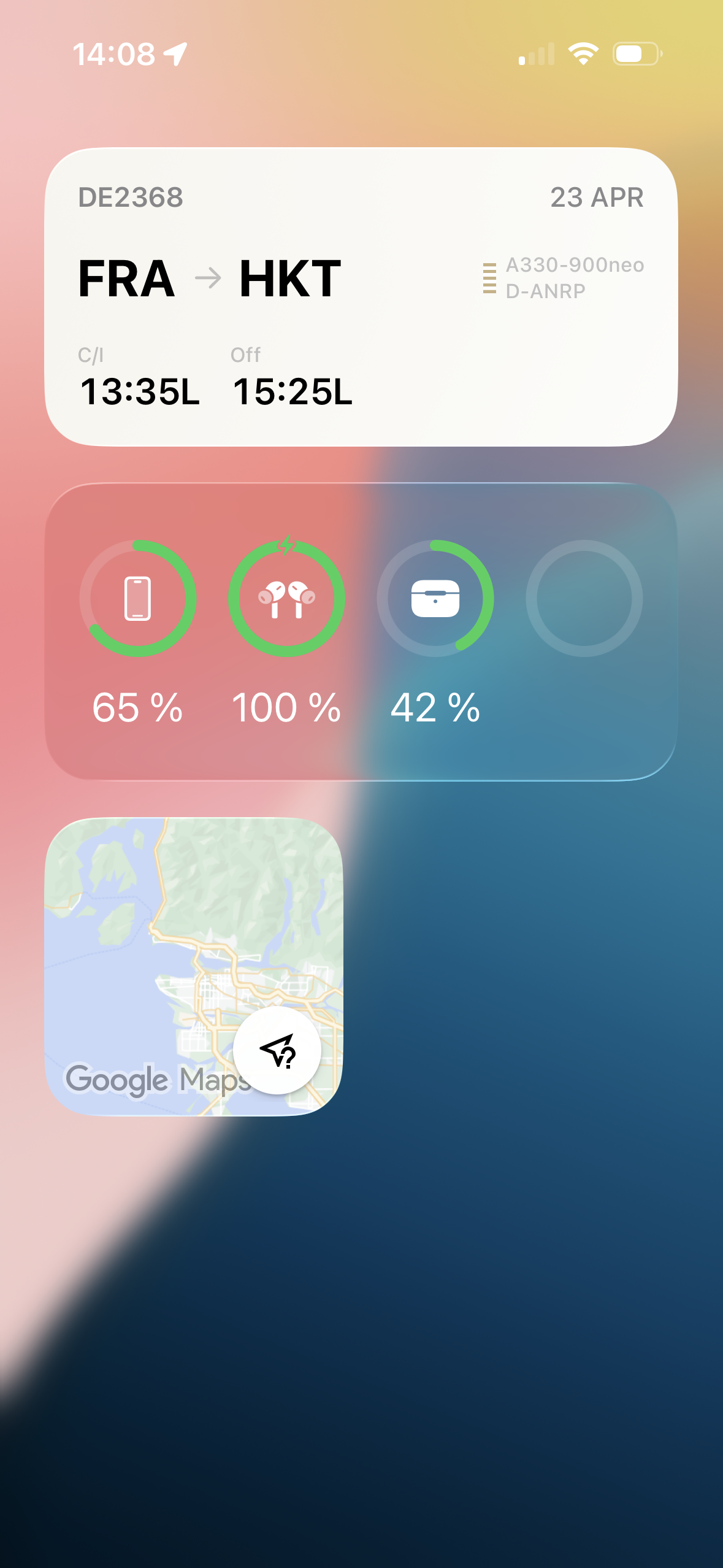 NextFlight Widget — DE2368 FRA nach HKT mit Zeiten und Airline-Livery auf dem iPhone Home Screen